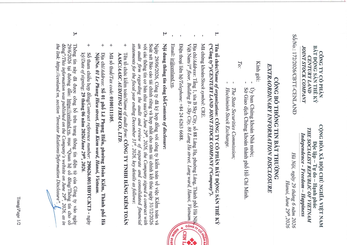 C&ocirc;ng bố th&ocirc;ng tin - Hợp đồng Kiểm to&aacute;n v&agrave; So&aacute;t x&eacute;t B&aacute;o c&aacute;o t&agrave;i ch&iacute;nh năm 2026